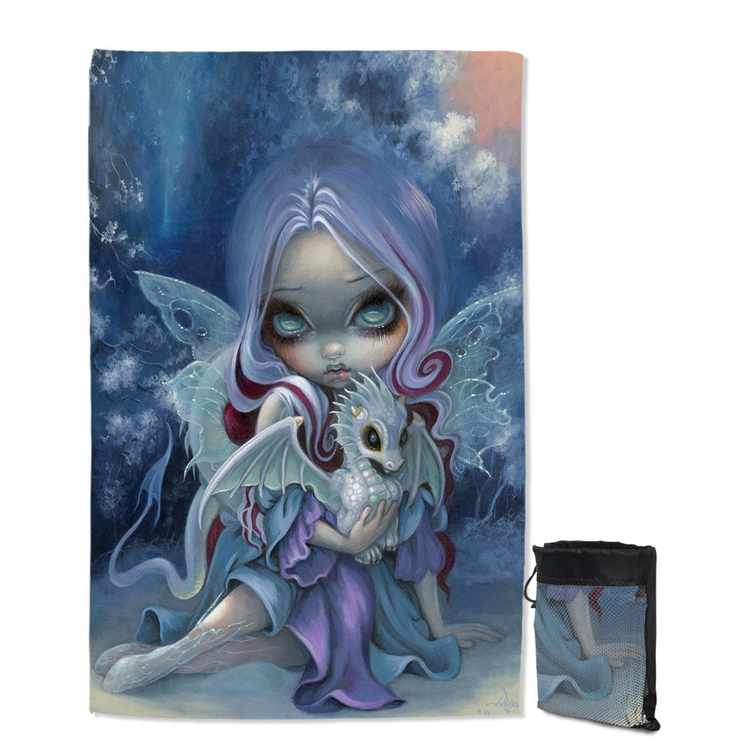 Fantasy Swims Towel Art Gorgeous Fairy and Wintry Dragonling