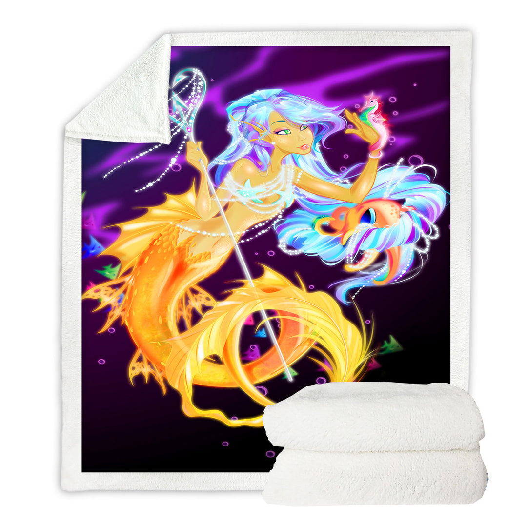 Fantasy Underwater Seahorse and Mermaid Girls Blankets