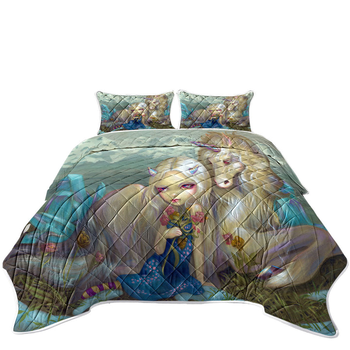 Fantasy World Maiden Fiona and the Unicorn King Quilt