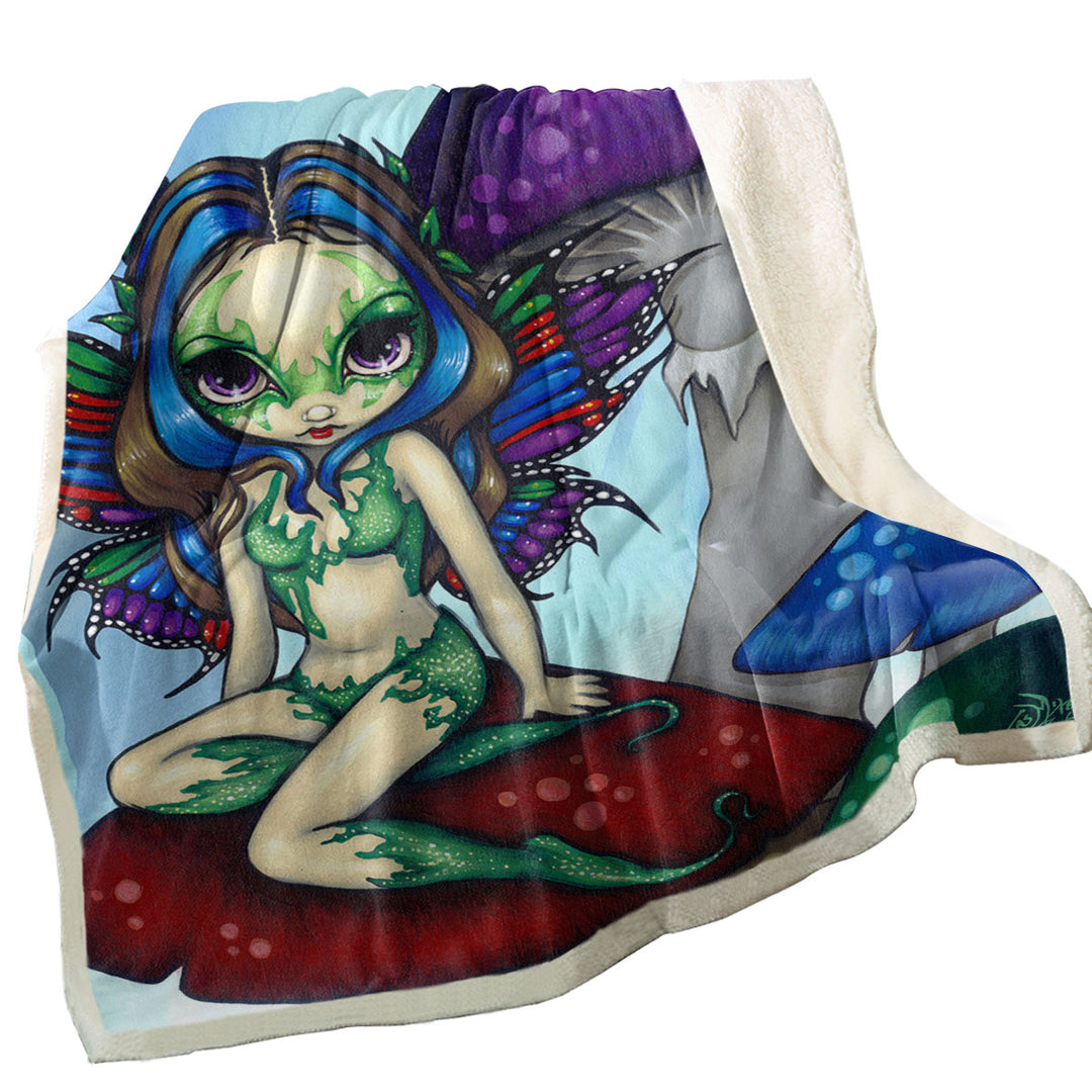 Fantasy World Masked Fairy on Mushrooms Fleece Blankets