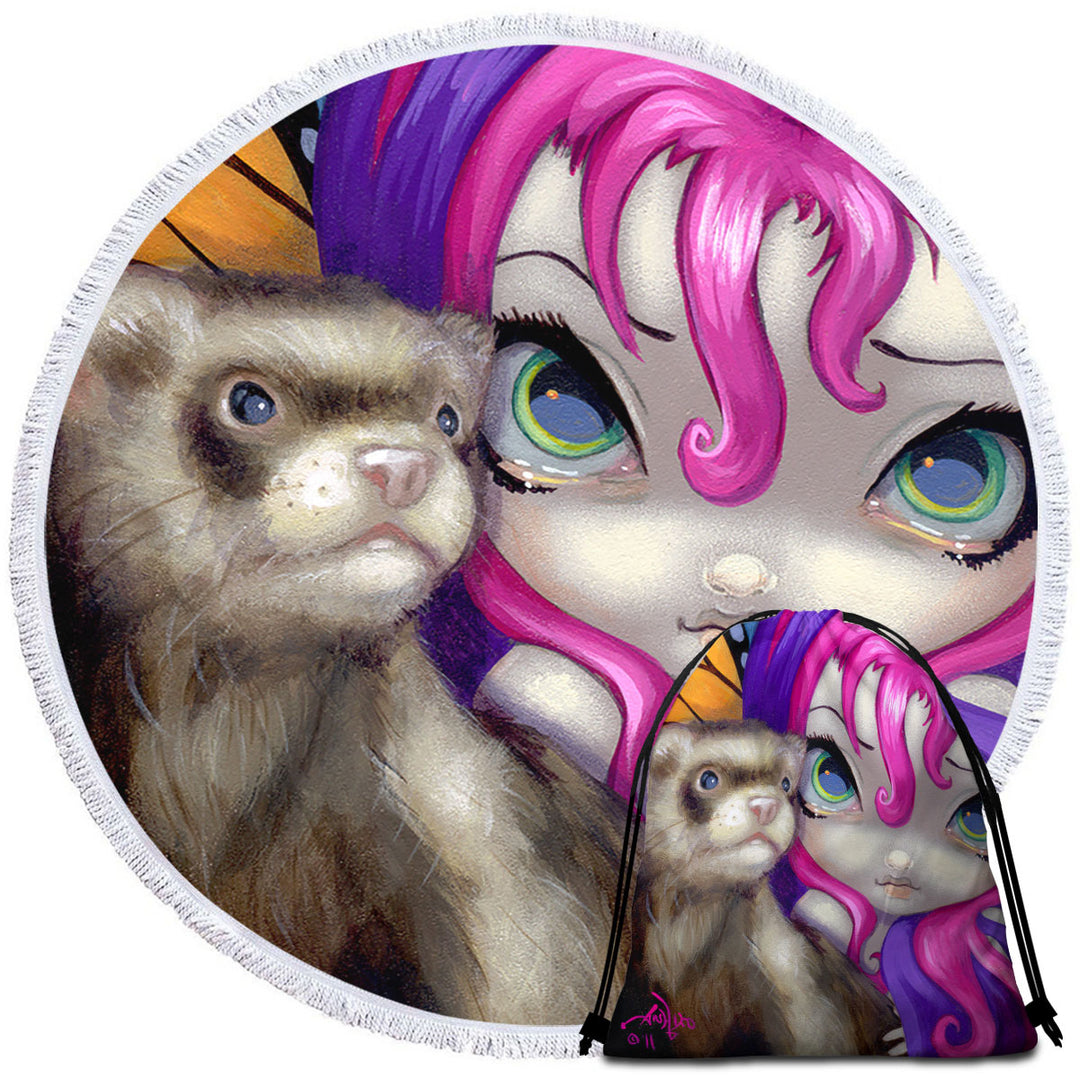 Ferret Beach Towels Faces of Faery _154 Purplish Girl With Her Ferret
