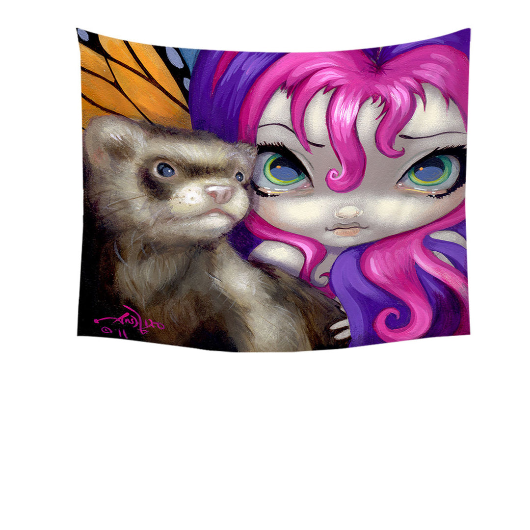 Ferret Wall Decor Faces of Faery _154 Purplish Girl With Her Ferret Tapestry