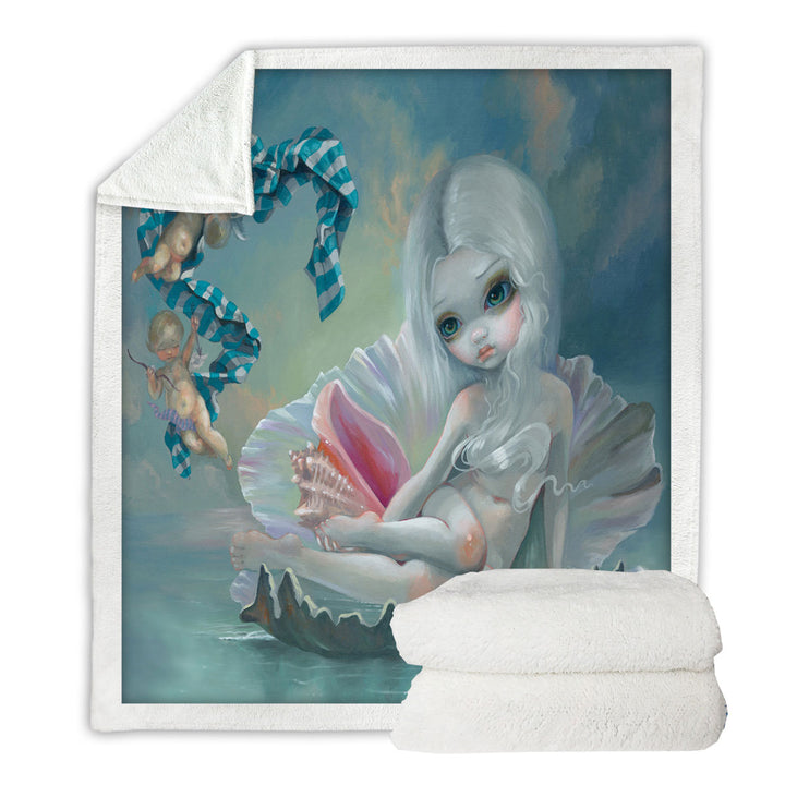 Fine Art Birth of Venus Sherpa Blanket with Cherubs Beautiful Girl
