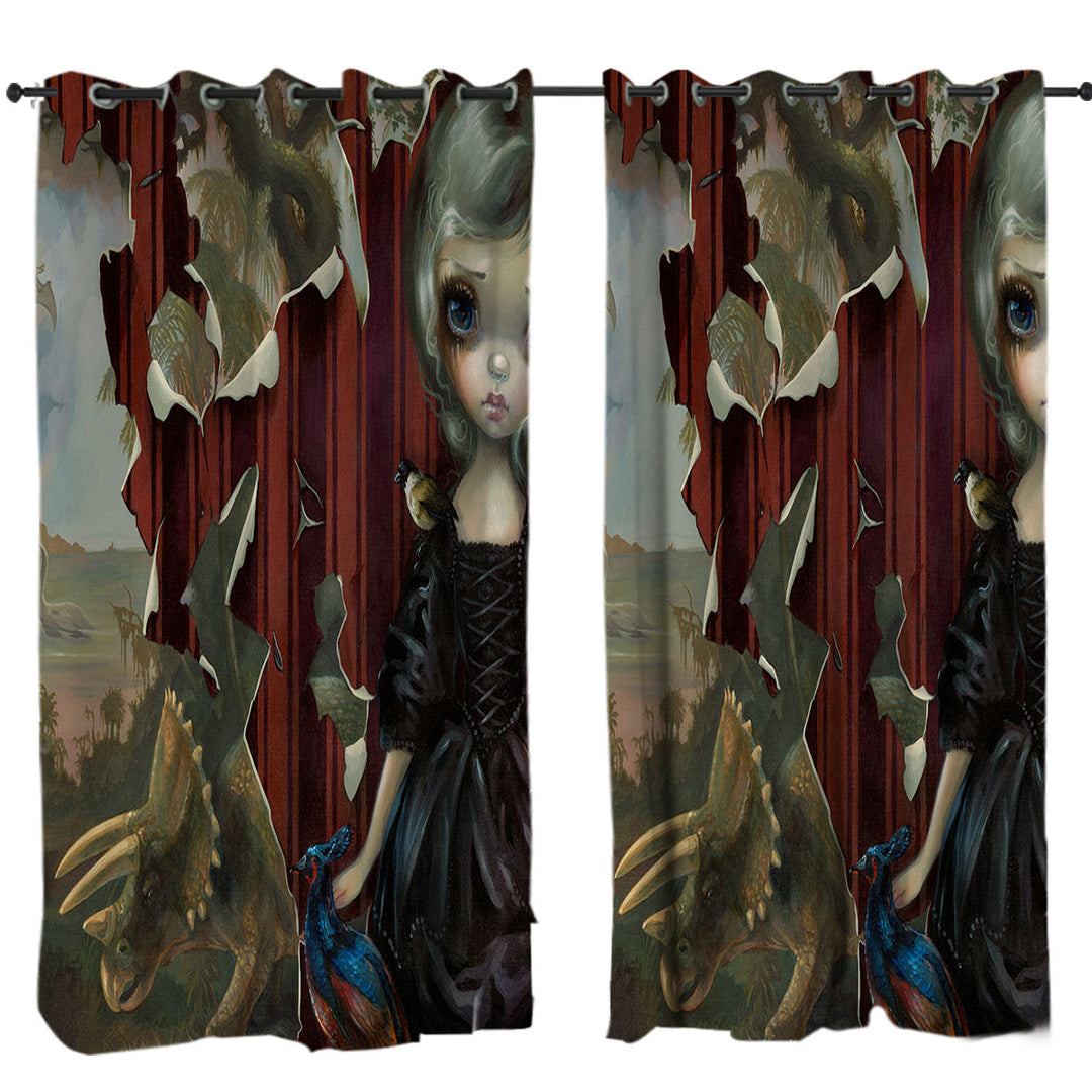 Fine Art Black Dress Girl Dinosaur Friends Requiem Curtains for Bedroom