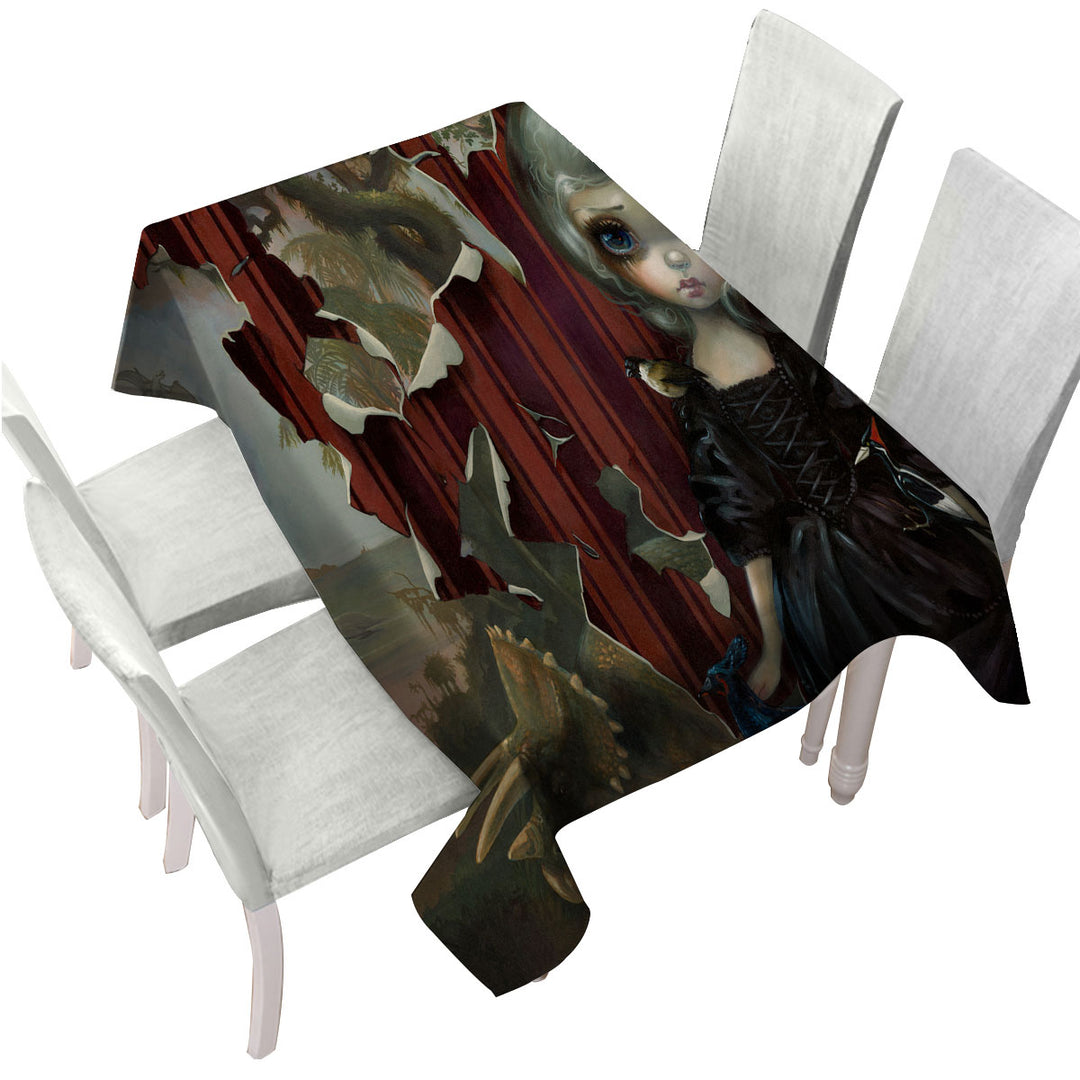 Fine Art Black Dress Girl Dinosaur Friends Requiem Printed Tablecloth