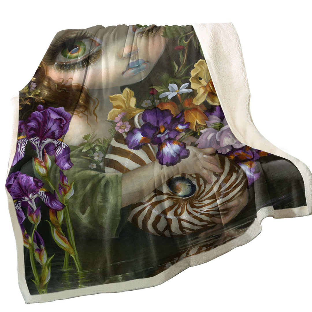 Fine Art Decorative Sherpa Blanket Beautiful Maiden and Nautilus Bouquet