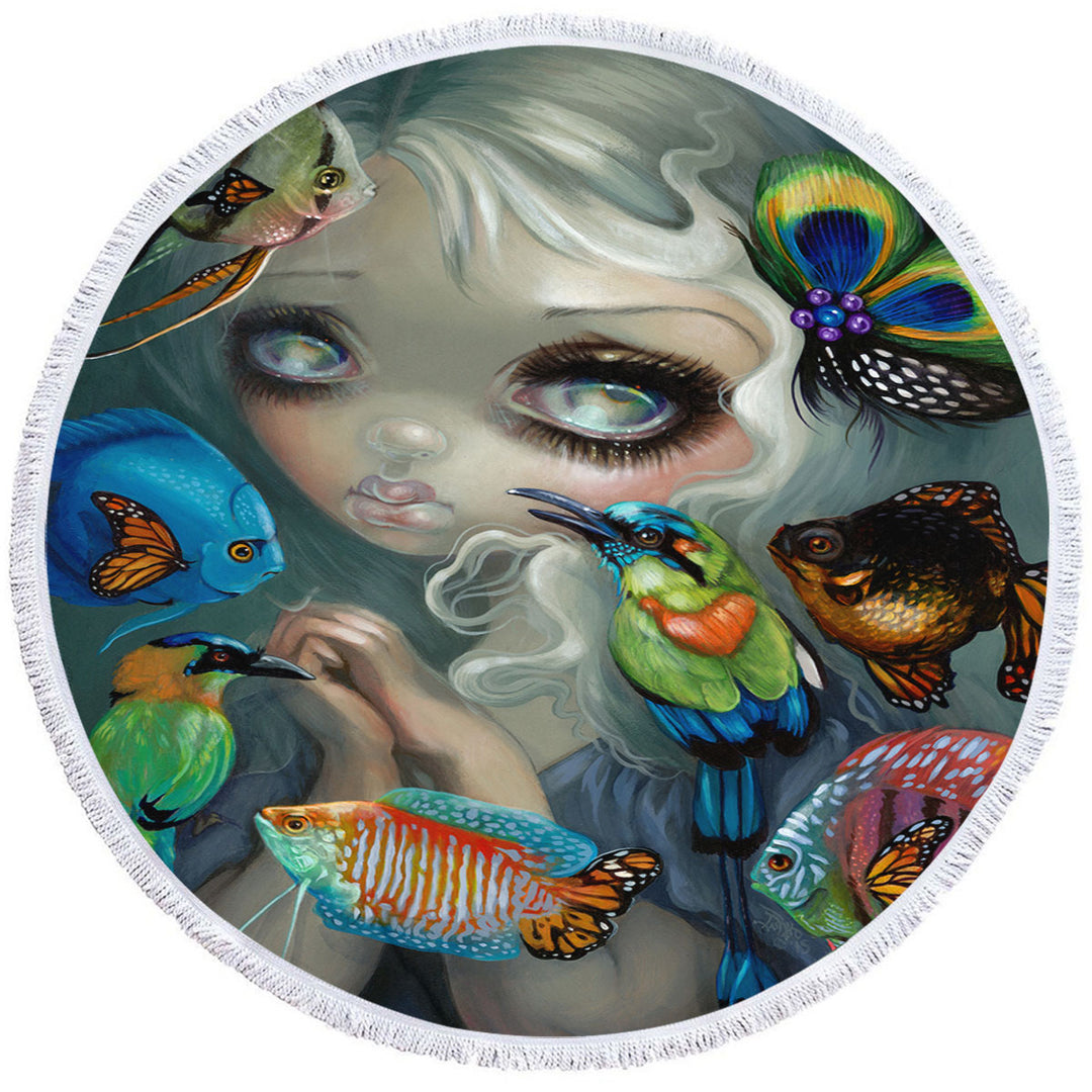 Fine Art Flying Fish Beautiful Girl and Birds Circle Towel