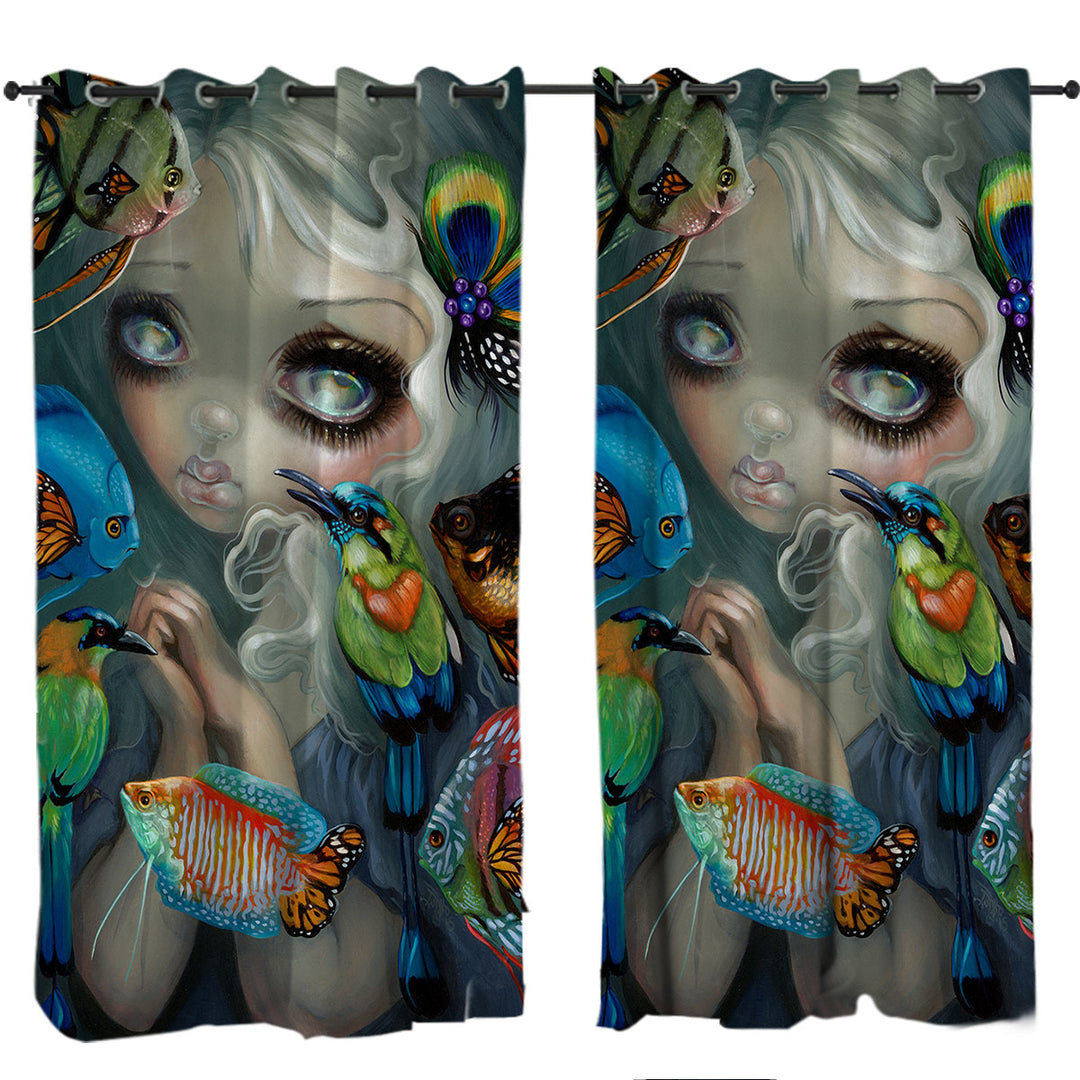 Fine Art Flying Fish Beautiful Girl and Birds Drapes