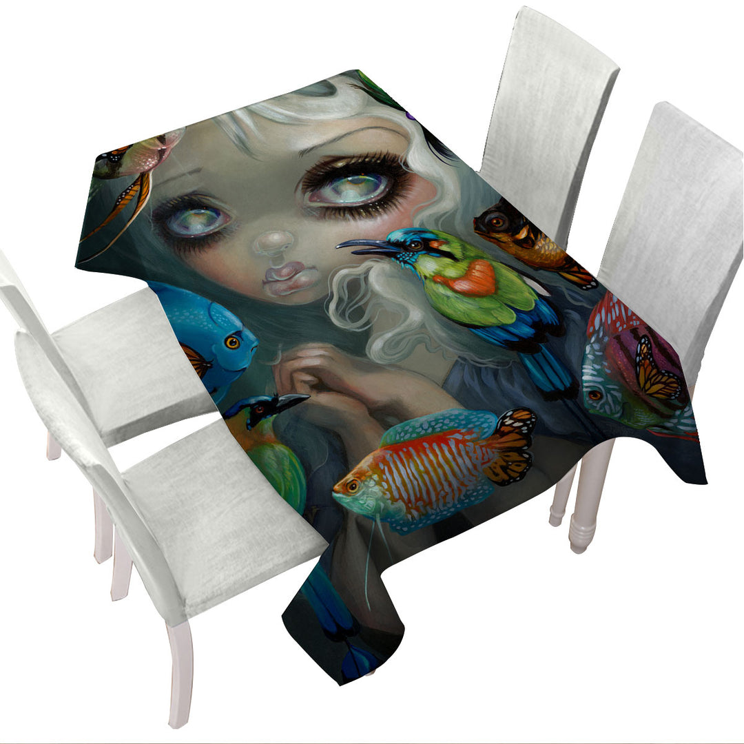 Fine Art Flying Fish Beautiful Girl and Birds Tablecloths