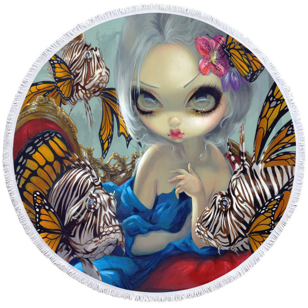 Fine Art Flying Fish Beautiful Girl and Lionfish Round Towel