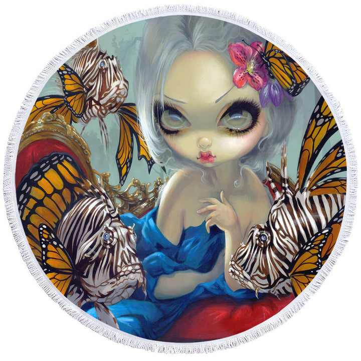 Fine Art Flying Fish Beautiful Girl and Lionfish Round Towel