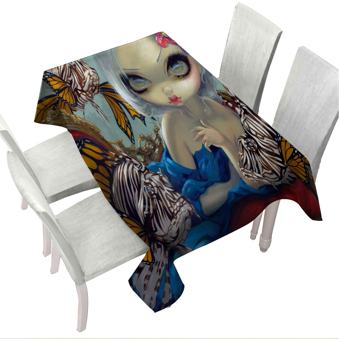 Fine Art Flying Fish Beautiful Girl and Lionfish Table Cover