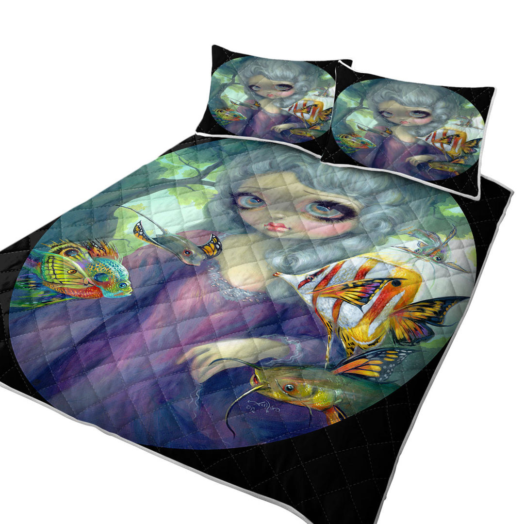 Fine Art Flying Fish Beautiful Girl and Winged Fish King Size Quilt Sets