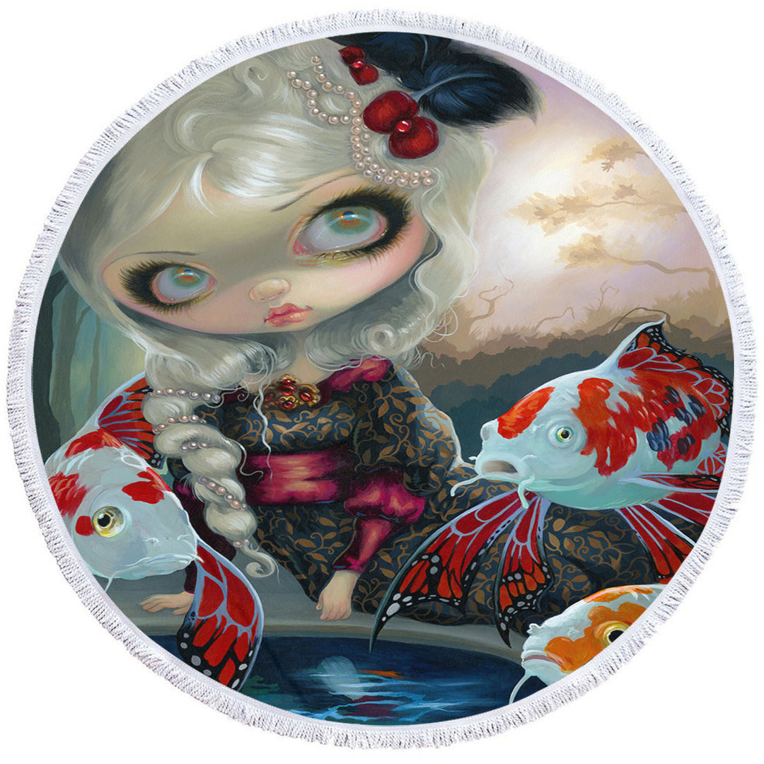 Fine Art Flying Fish Beautiful Girl and the Koi Pond Circle Beach Towel