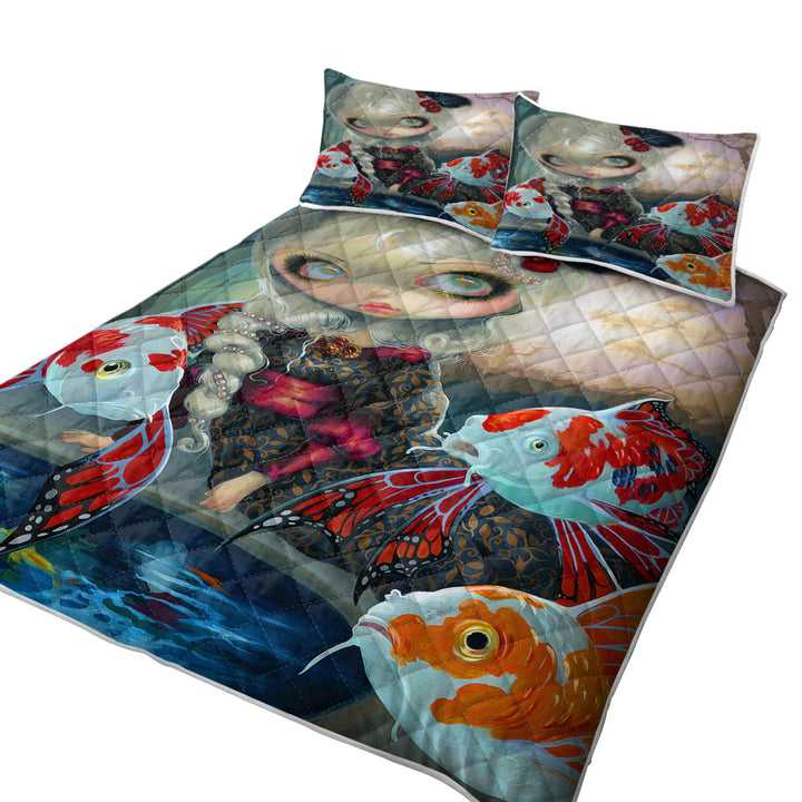 Fine Art Flying Fish Beautiful Girl and the Koi Pond Coverlet