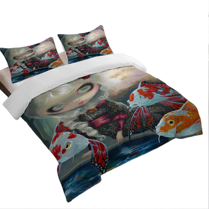 Fine Art Flying Fish Beautiful Girl and the Koi Pond Coverlets