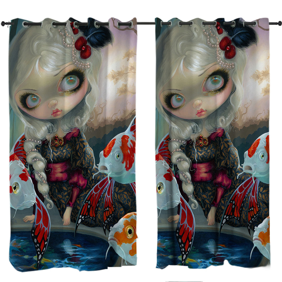 Fine Art Flying Fish Beautiful Girl and the Koi Pond Curtains