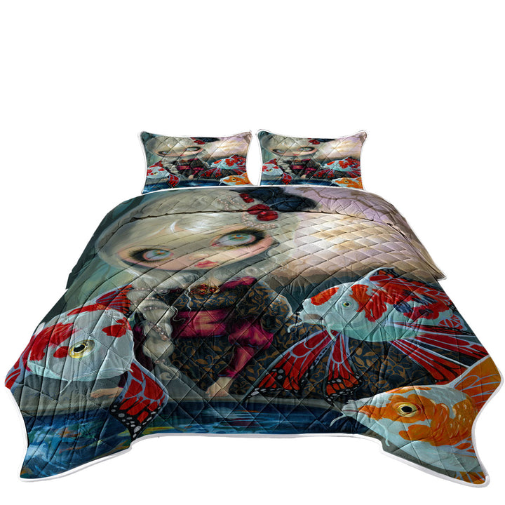 Fine Art Flying Fish Beautiful Girl and the Koi Pond Quilts