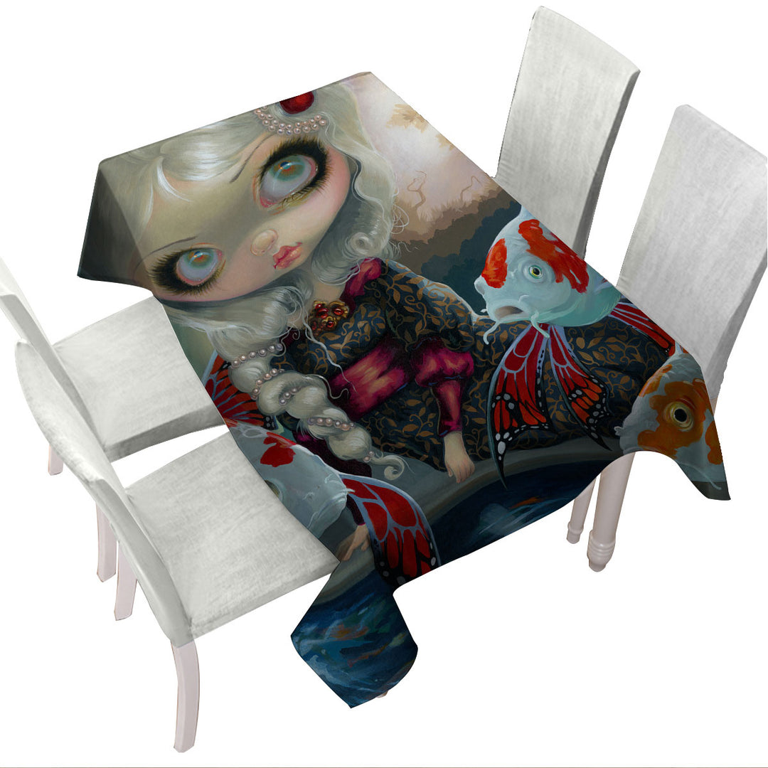 Fine Art Flying Fish Beautiful Girl and the Koi Pond Tablecloths