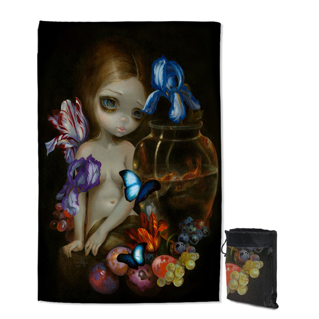 Fine Art Girl with Fruits Butterflies and Fish Lightweight Beach Towel for Travel