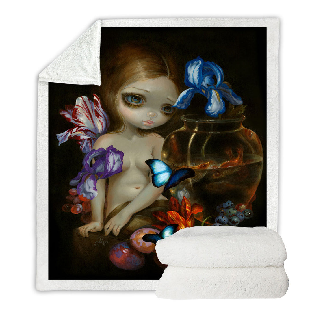 Fine Art Girl with Fruits Butterflies and Fish Throw Blanket