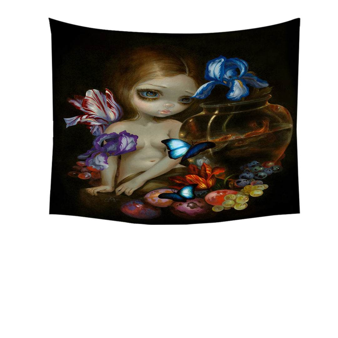 Fine Art Girl with Fruits Butterflies and Fish Wall Decor Tapestry