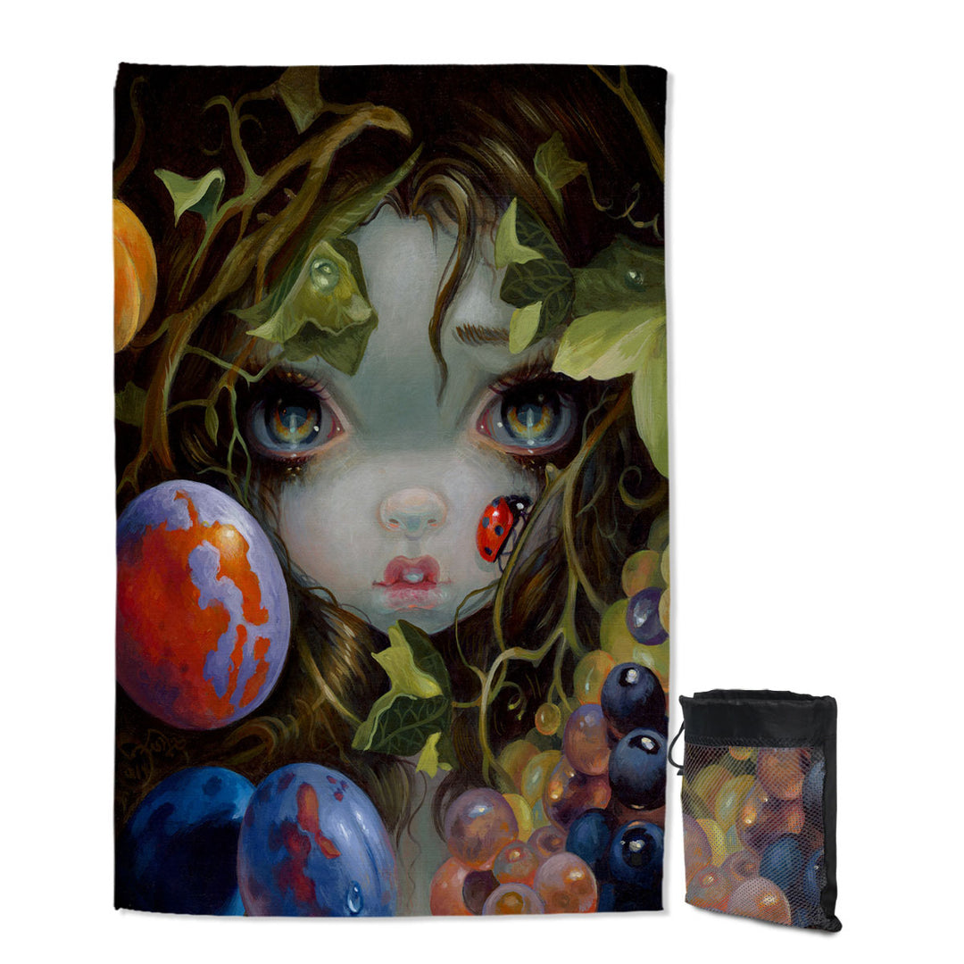 Fine Art Girl with Fruits and Ladybug Beach Towels