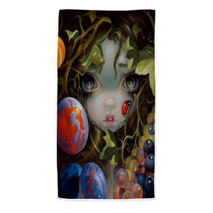 Fine Art Girl with Fruits and Ladybug Microfiber Beach Towel