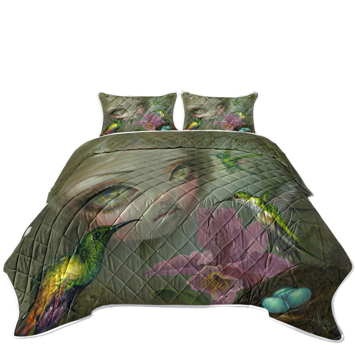 Fine Art Ode To Heade Girl Hummingbirds and Flowers Coverlets