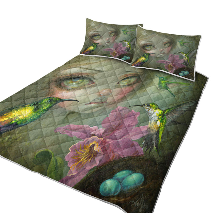 Fine Art Ode To Heade Girl Hummingbirds and Flowers King Size Bedspreads