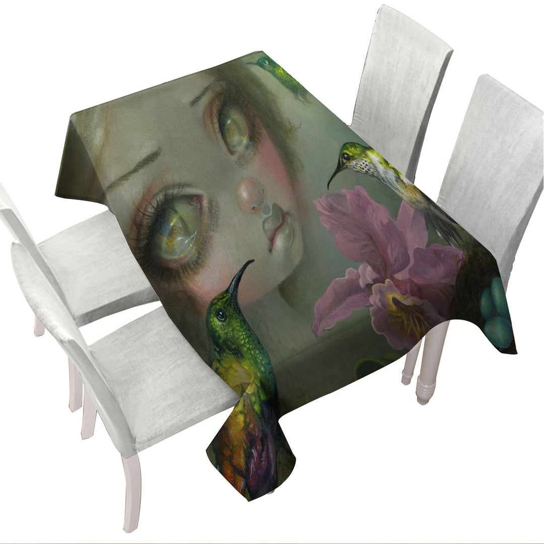 Fine Art Ode To Heade Girl Hummingbirds and Flowers Table Cover