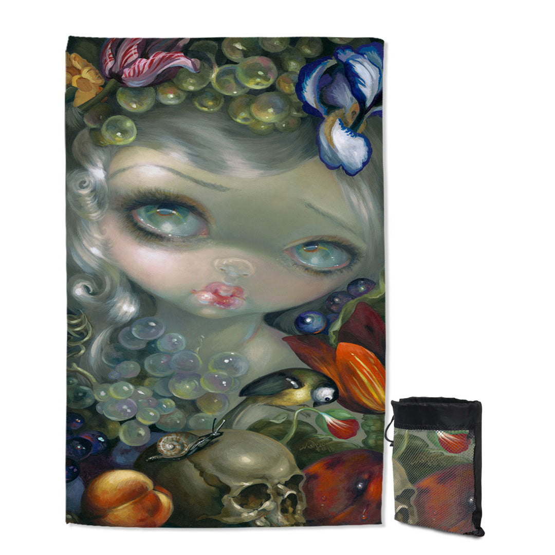 Fine Art Painting Girl Snail and Skull Lightweight Quick Dry Beach Towel