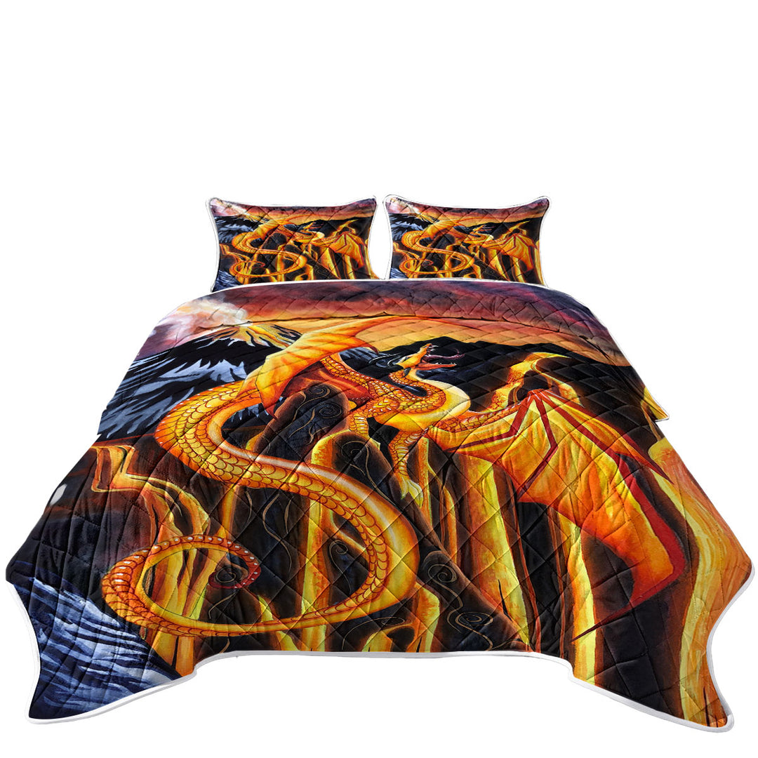 Fire Falls Fantasy Art Painting Dragon California King Quilt Sets