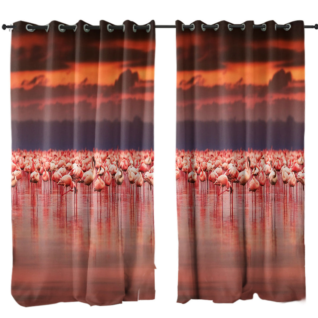 Flamboyance of Flamingo Beneath Sunset Sky Eyelet Curtains