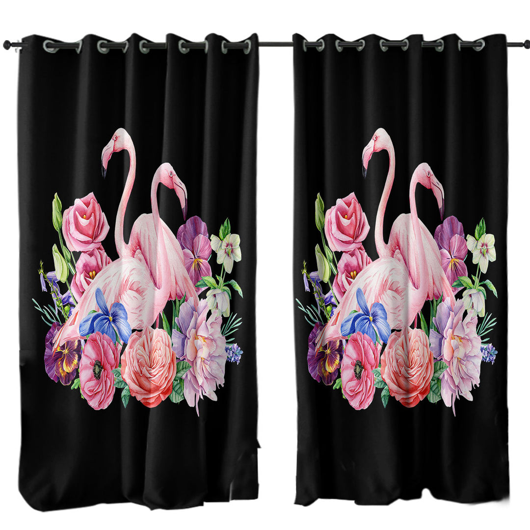 Flamingos and Flowers over Black Curtains for Bedroom