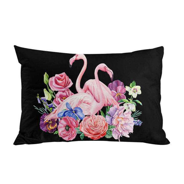 Flamingos and Flowers over Black Pillowcase
