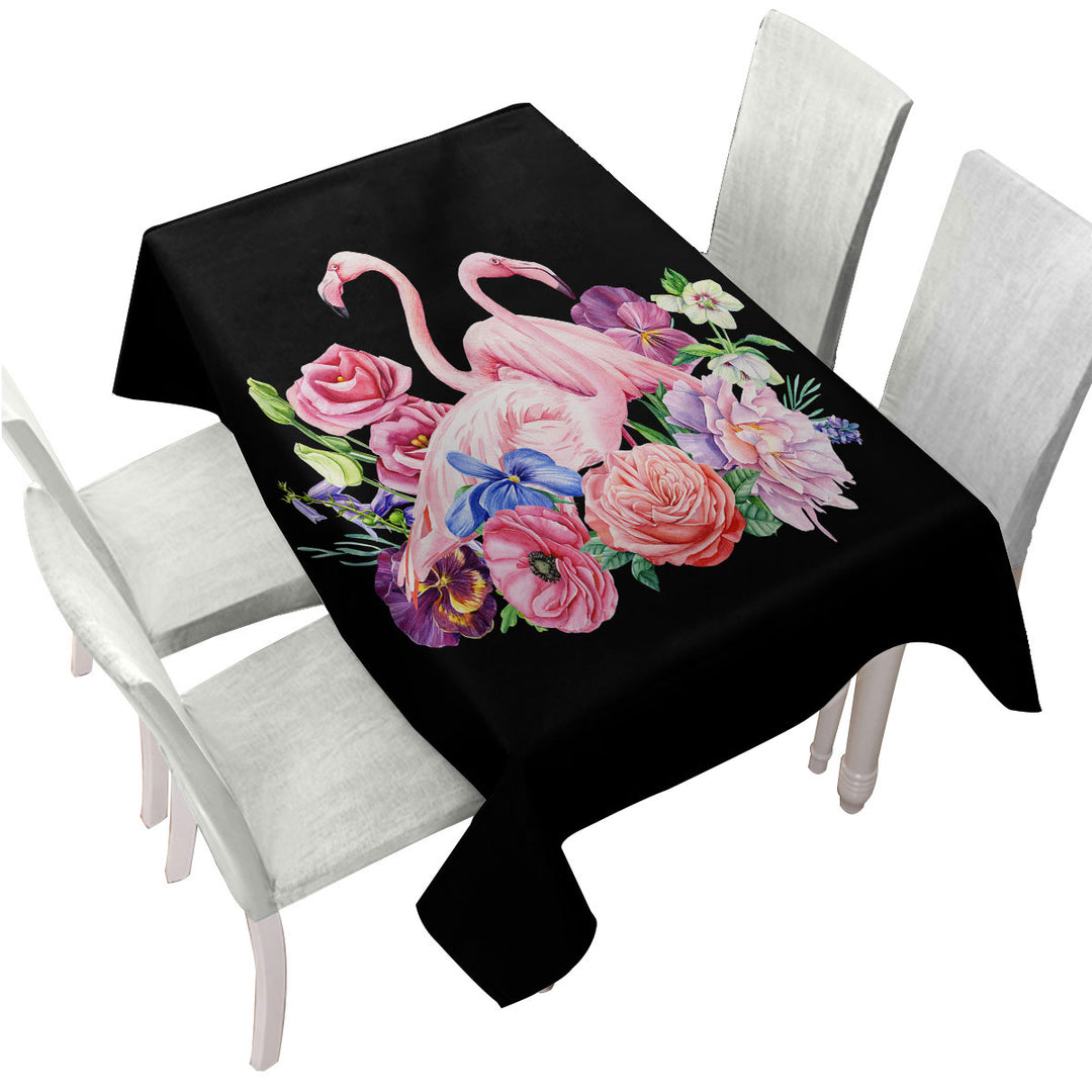 Flamingos and Flowers over Black Tablecloth