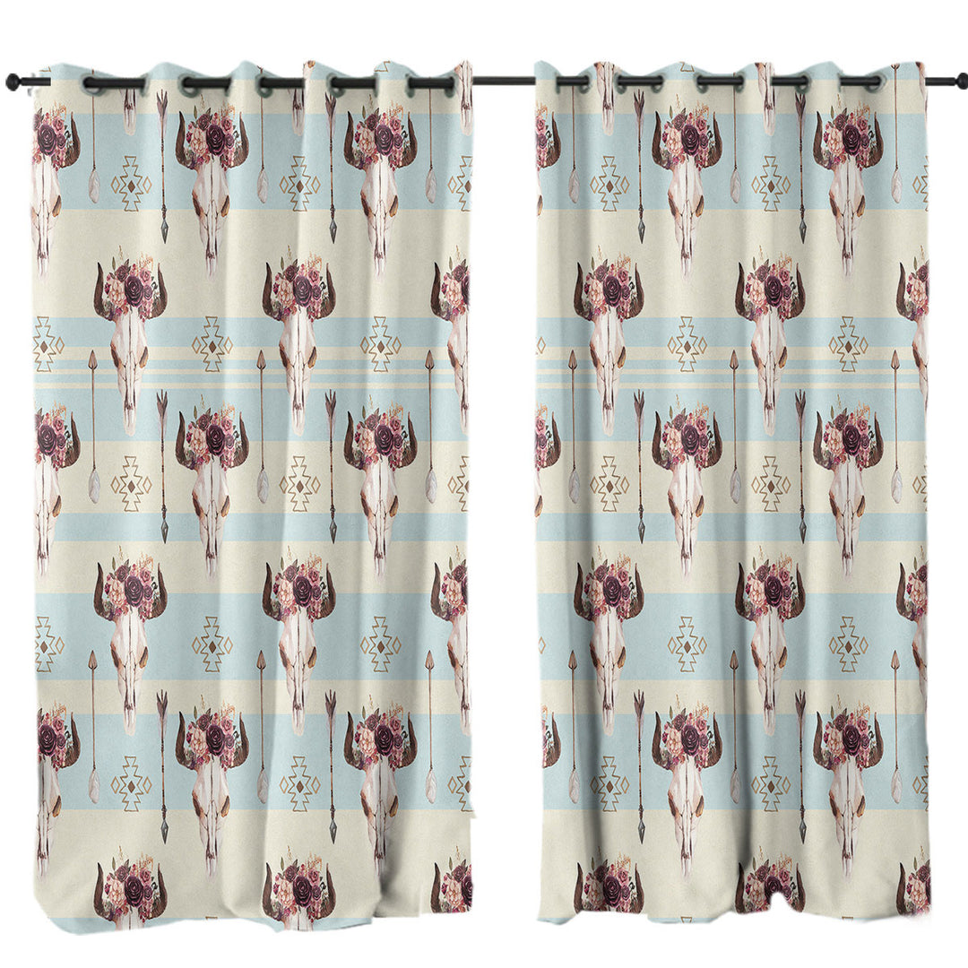 Floral Bull Skull Native Pattern Curtains