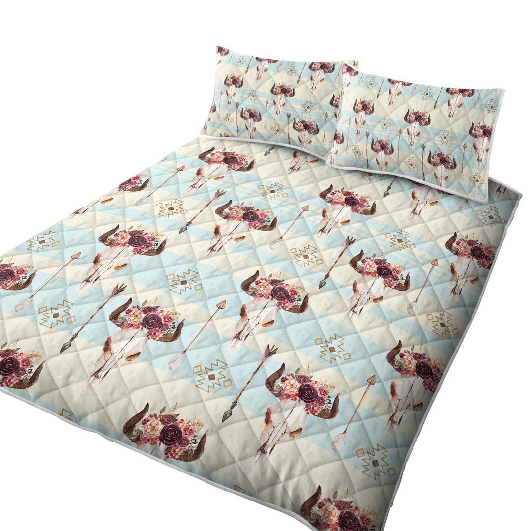 Floral Bull Skull Native Pattern King Size Quilt