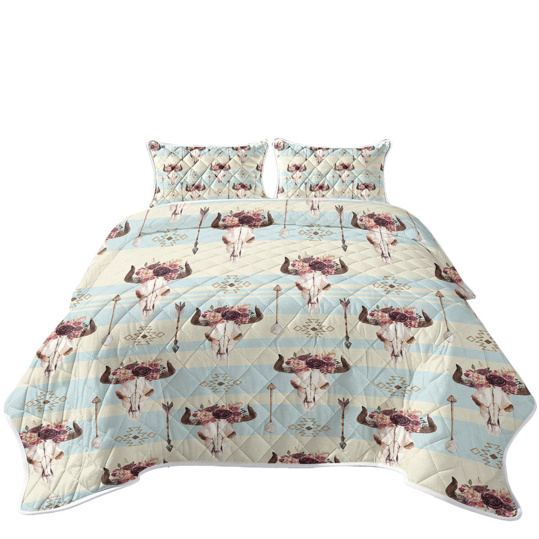 Floral Bull Skull Native Pattern Quilts for sale