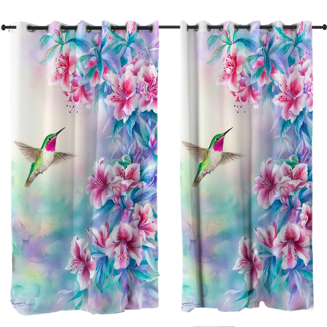 Flower Art Pinkish Hibiscus and Hummingbird Curtains for Bedroom