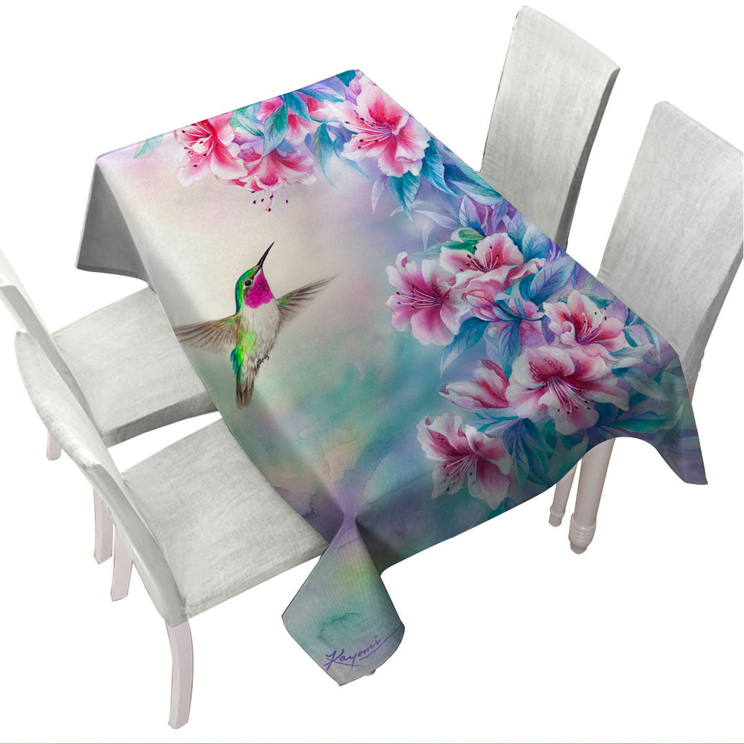 Flower Art Pinkish Hibiscus and Hummingbird Table Cover