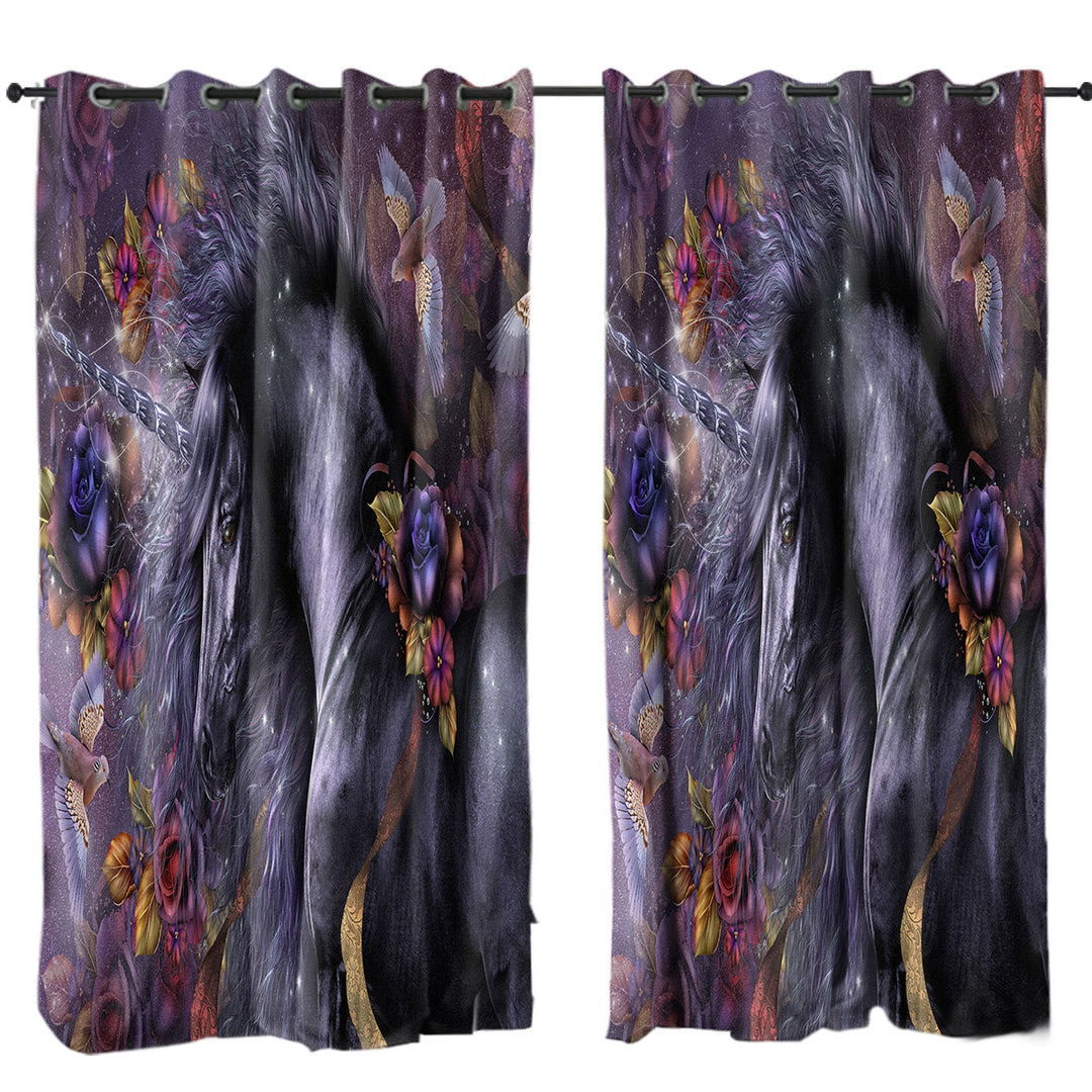 Flowers Birds and Beautiful Magical Unicorn Horse Drapes for Living Room