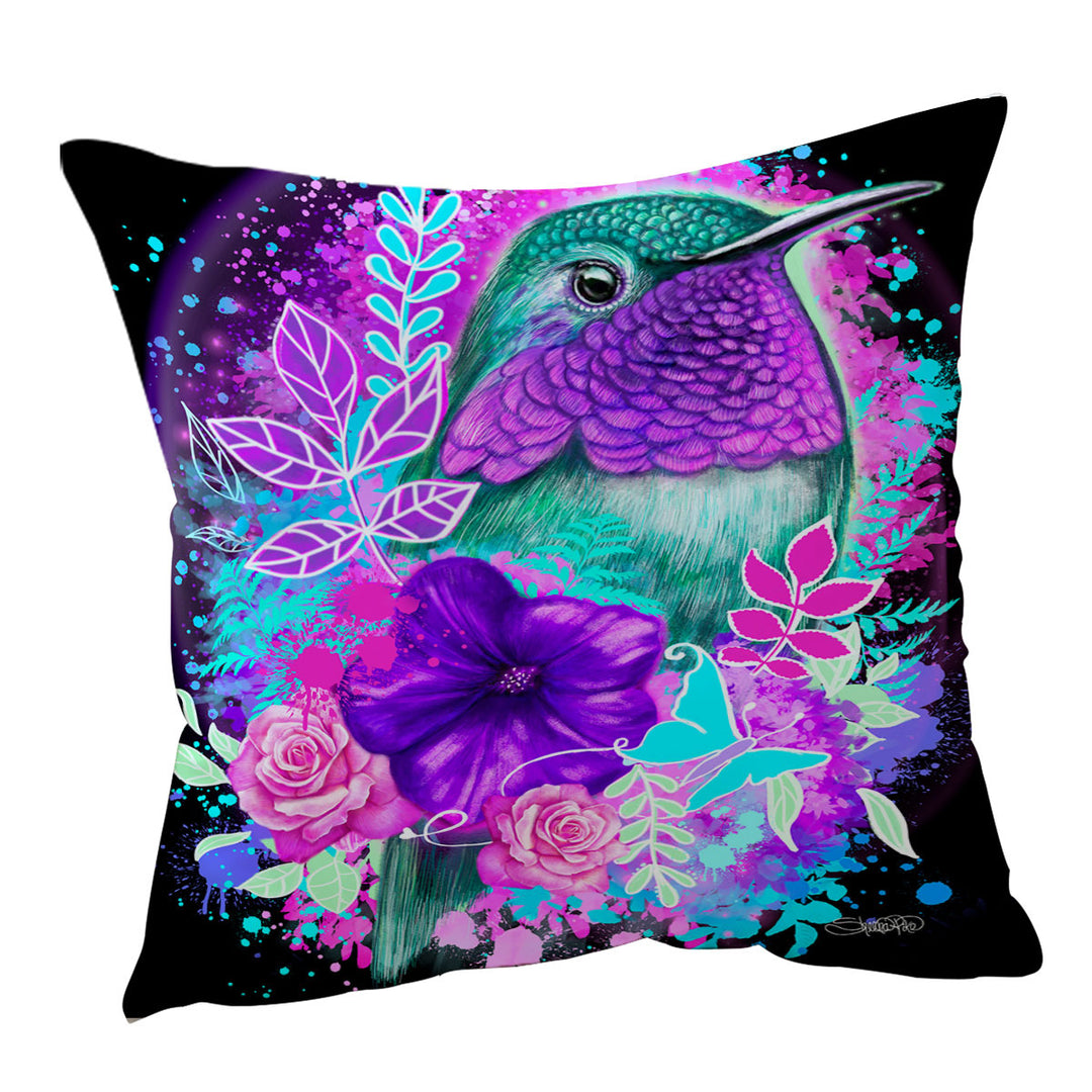 Flowers and Hummingbird Throw Pillow