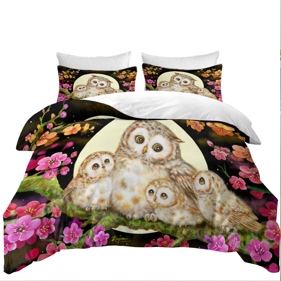Flowers and Moonlight Lullaby Cute Owl Family Bed Covers