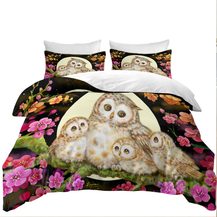Flowers and Moonlight Lullaby Cute Owl Family Bed Covers