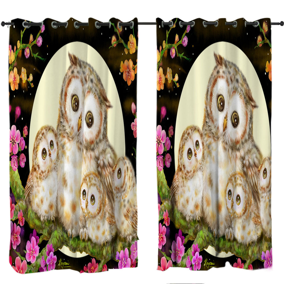 Flowers and Moonlight Lullaby Cute Owl Family Curtain