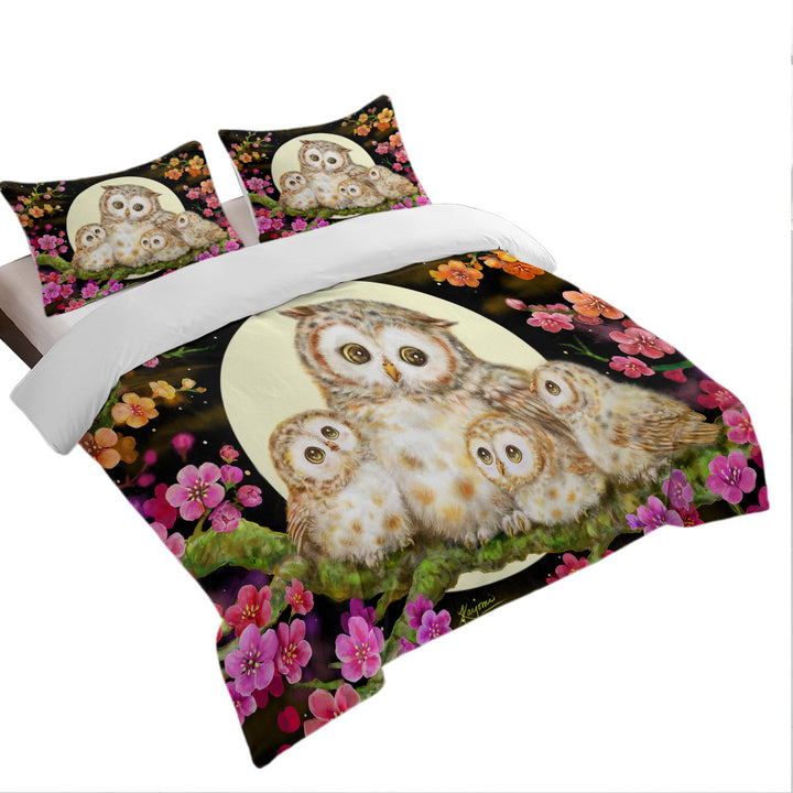 Flowers and Moonlight Lullaby Cute Owl Family King Quilt Cover