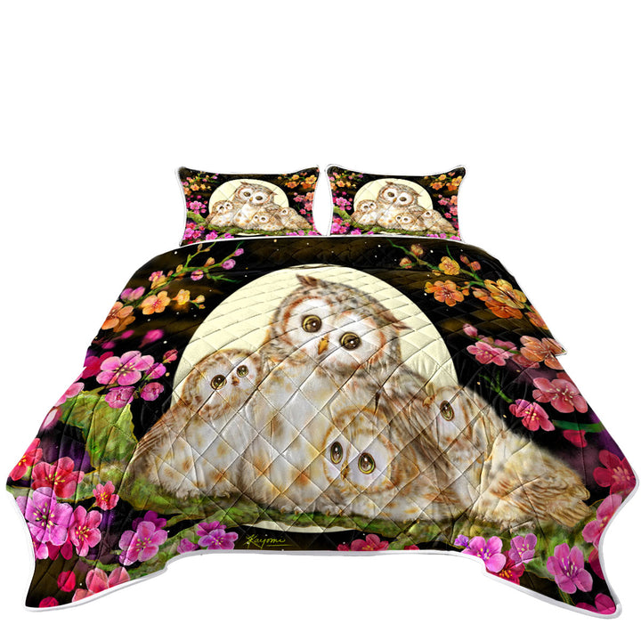 Flowers and Moonlight Lullaby Cute Owl Family Quilts for Beds
