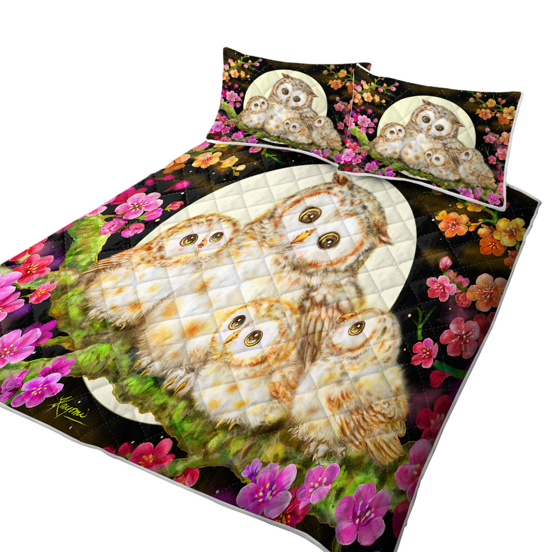 Flowers and Moonlight Lullaby Cute Owl Family Quilts
